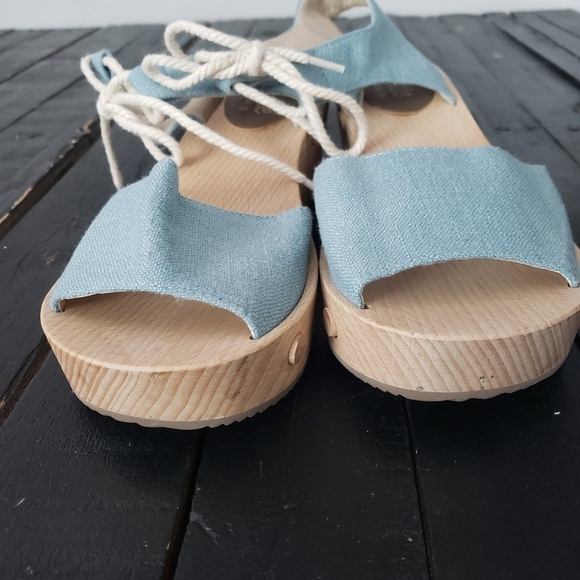 Sedette Sandal Co. Women's 7.5 Wooden Clog Sandals Blue Linen Straps Boho - Picture 11 of 11
